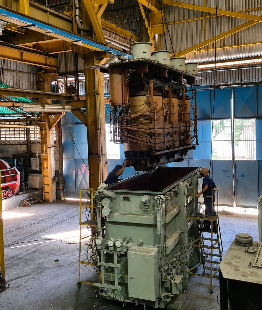 El mismo oficio, seis décadas después: núcleo y bobinas de un transformador fuera de su tanque, en el taller de La Quizanda.